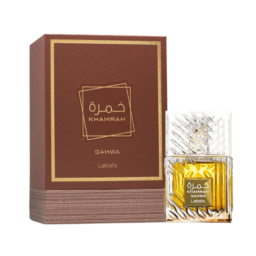 Confezione e bottiglia Khamrah Qahwa fragranza gourmand e orientale Amira Essence